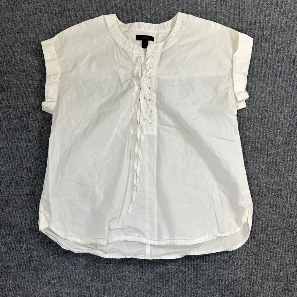 J.Crew White Cotton Lace Up Front Short Sleeve Blouse‎ Top Size 6 Cuffed Hem